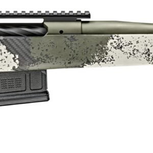 Camouflage bolt-action rifle with carbon fiber pattern and textured grip, featuring a green and black speckled design and integrated scope rail.