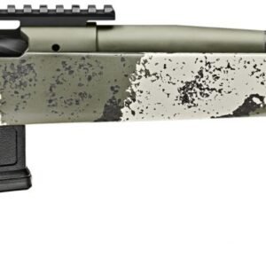 Camouflage-patterned rifle with carbon fiber detailing, featuring a green and gray motley design on the stock, and a dark barrel with a perforated muzzle brake.