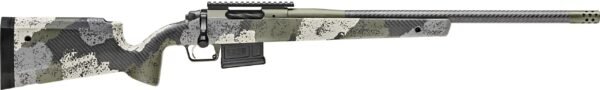 Camouflage-patterned rifle with carbon fiber detailing, featuring a green and gray motley design on the stock, and a dark barrel with a perforated muzzle brake.