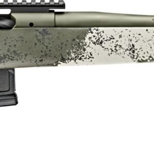 Rifle with a camouflage pattern in shades of green, gray, and black, featuring a long barrel and a tactical design.