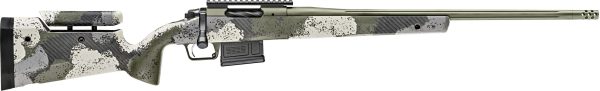 Rifle with a camouflage pattern in shades of green, gray, and black, featuring a long barrel and a tactical design.