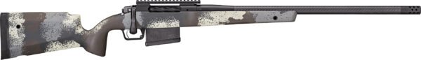 Camouflage-patterned rifle with black, gray, and brown hues, featuring a carbon fiber barrel and a textured grip.