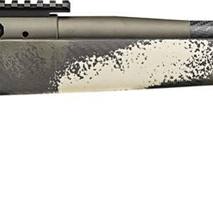 A precision firearm with a bolt-action rifle design, featuring a camo-patterned stock in shades of gray, cream, and green, and a black carbon fiber barrel with a muzzle brake.