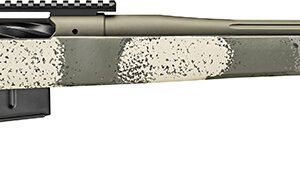 Camo-patterned rifle with an olive green, gray, and cream stock, featuring a black muzzle brake and a scope mount.