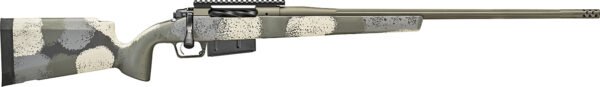 A bolt-action rifle with a long, olive green barrel and a camouflage stock featuring gray, white, and beige patterns.