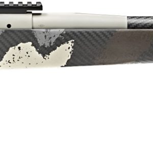 Camouflage-patterned sniper rifle with a carbon fiber barrel and a black, gray, and white finish, suitable for hunting or tactical use.