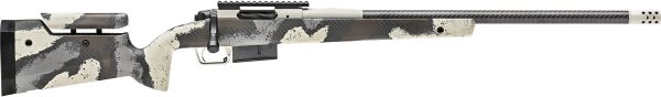 Camouflage-patterned sniper rifle with a carbon fiber barrel and a black, gray, and white finish, suitable for hunting or tactical use.