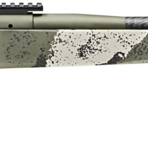 Rifle with a camo pattern featuring shades of gray, black, and green, highlighted by its carbon fiber barrel and olive green accents.