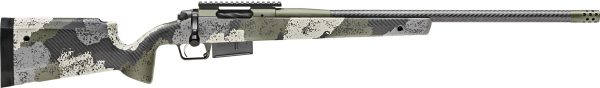 Rifle with a camo pattern featuring shades of gray, black, and green, highlighted by its carbon fiber barrel and olive green accents.