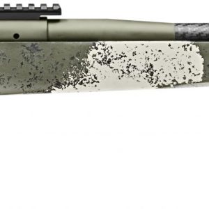 Camo-patterned bolt-action rifle with carbon fiber barrel and olive green accents.