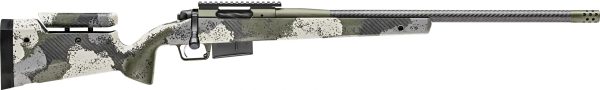 Camo-patterned bolt-action rifle with carbon fiber barrel and olive green accents.