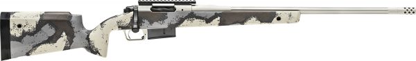 Camo-patterned bolt-action rifle with a beige, gray, and black stock, featuring a long silver barrel and a mounted scope rail.