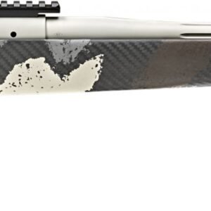 Camouflage-patterned rifle with black, gray, and white coloring, featuring a long barrel and tactical design.