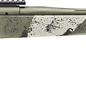 Camo-patterned bolt-action rifle with a green and black composite stock and a fluted barrel.