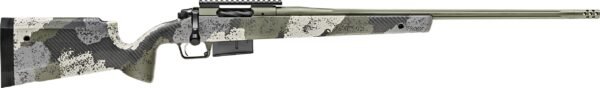 Camo-patterned bolt-action rifle with a green and black composite stock and a fluted barrel.