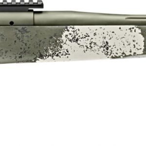 Camouflage bolt-action rifle with a green, white, and gray speckled pattern finish, featuring a textured grip and a fluted barrel.