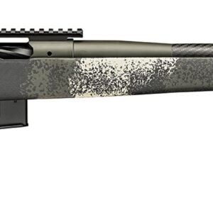 A camouflage-patterned rifle with a long, textured barrel and dark green, gray, and black design, suitable for use in firearms-related content in casey, iowa.