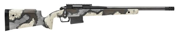 Camouflage-patterned hunting rifle with black, white, and gray colors.