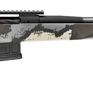 Rifle with black carbon fiber barrel and camo-patterned stock in shades of white, grey, and dark tones, suited for firearms enthusiasts in casey, iowa.