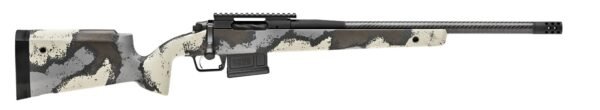 Rifle with black carbon fiber barrel and camo-patterned stock in shades of white, grey, and dark tones, suited for firearms enthusiasts in casey, iowa.