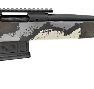 A bolt-action rifle with a black barrel and muzzle brake, featuring a camouflage stock in black, gray, and white.