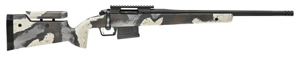 Carbon-fiber bolt-action rifle with a black, white, and gray camo pattern, featuring a long black barrel and matte black stock.