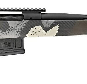 Camouflaged bolt-action rifle with black, gray, and white pattern, featuring a long black barrel and black muzzle brake.