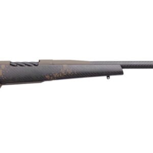 Carbon fiber patterned rifle with speckled brown accents, black textured grip, and a beige muzzle brake.