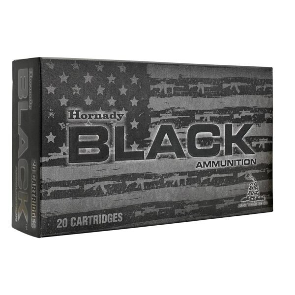 Box of hornady black ammunition with an american flag design and "don't tread on me" symbol, labeled for 20 cartridges.