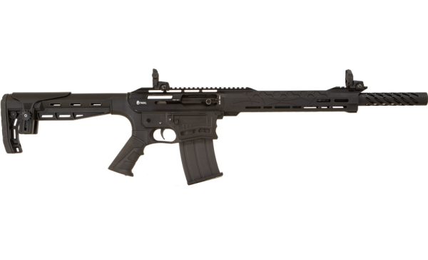 A black tactical firearm with a textured barrel, adjustable stock, and pistol grip.