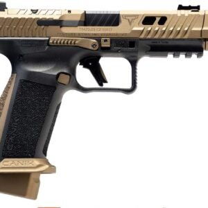 Beige and black semi-automatic handgun with textured grip, extended magazine base, and details marked "century arms. "