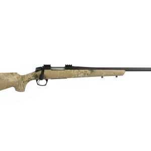 A bolt-action rifle with a tan camouflage stock and a matte black barrel and trigger assembly.