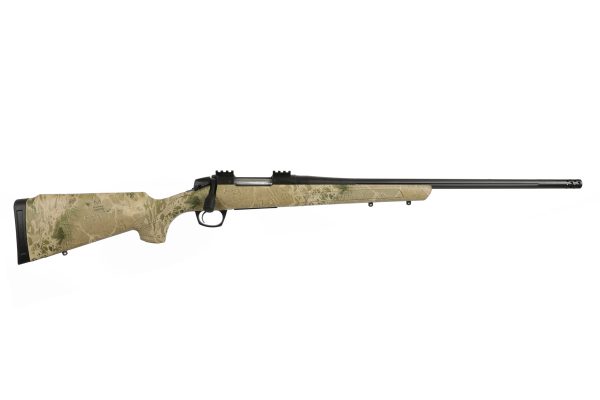 A bolt-action rifle with a tan camouflage stock and a matte black barrel and trigger assembly.