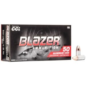 Blazer ammunition 9mm luger 115 gr fmj box with black, red, and white design; two bullets are displayed in front.