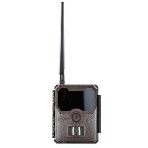 A brown trail camera with an antenna on top, featuring a lens, motion sensor, and black front cover.