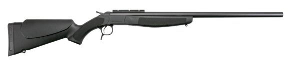 Black synthetic stock firearm with a long barrel and textured grip, suitable for hunting and shooting sports.