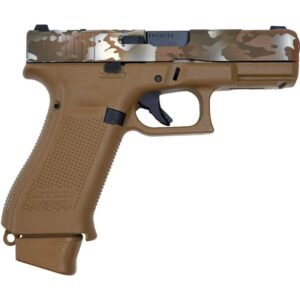 Tan and camouflage-patterned handgun with a textured grip, black trigger, and accents, related to firearms and ammo in casey, iowa.