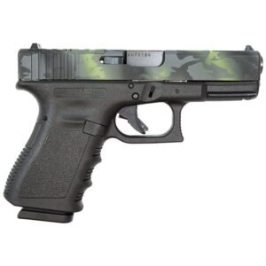 A black handgun with a camouflage-patterned slide, featuring shades of green and gray.