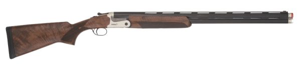 Brown and black over-under shotgun with a detailed wooden stock and long black barrels, featuring a silver receiver.