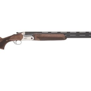 Shotgun with a silver receiver, dark walnut stock, and barrel, displayed on a white background.