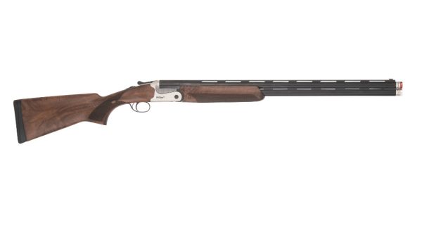 Shotgun with a silver receiver, dark walnut stock, and barrel, displayed on a white background.