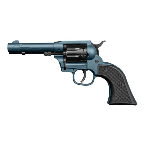 A blue revolver with black grips, featuring the text "22 cal" on the barrel.