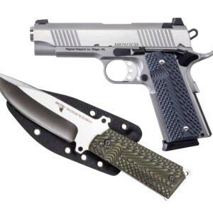 Alt="silver and black firearm with textured grip and green-handled knife on black sheath. "