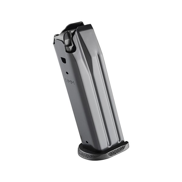 A black stainless steel 9mm ammunition magazine with a textured baseplate.