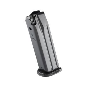 Black and silver 9mm pistol magazine with textured black base plate.