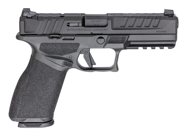 Black springfield armory handgun with textured grip.