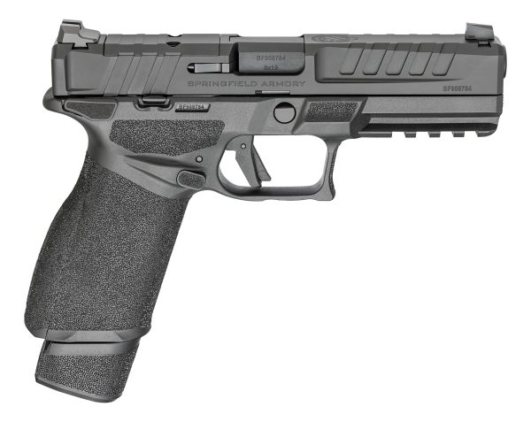 A matte black handgun with textured grip and tactical rail, marked "springfield armory" and "9x19" on the slide.