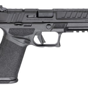 Black handgun with textured grip and matte finish, springfield armory branding on slide, shown on white background.