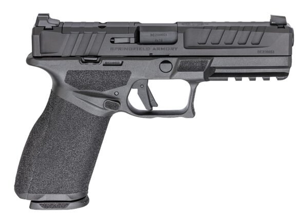 Black handgun with textured grip and matte finish, springfield armory branding on slide, shown on white background.