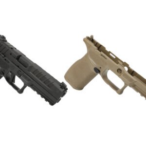 Black handgun on the left and tan handgun frame on the right, isolated on a white background.